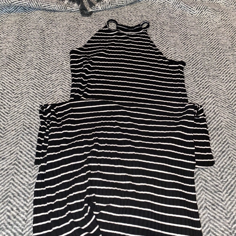 Long black and white striped dress with one split
